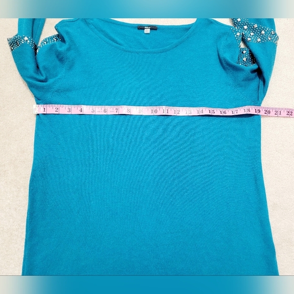 Milano Teal Knit Sweater Women’s Size Large Beaded Studded Sleeve Pullover Top - Picture 6 of 10